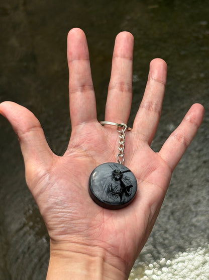 BLACK OBSIDIAN WITH JESUS CHRIST IMAGE KEYCHAIN