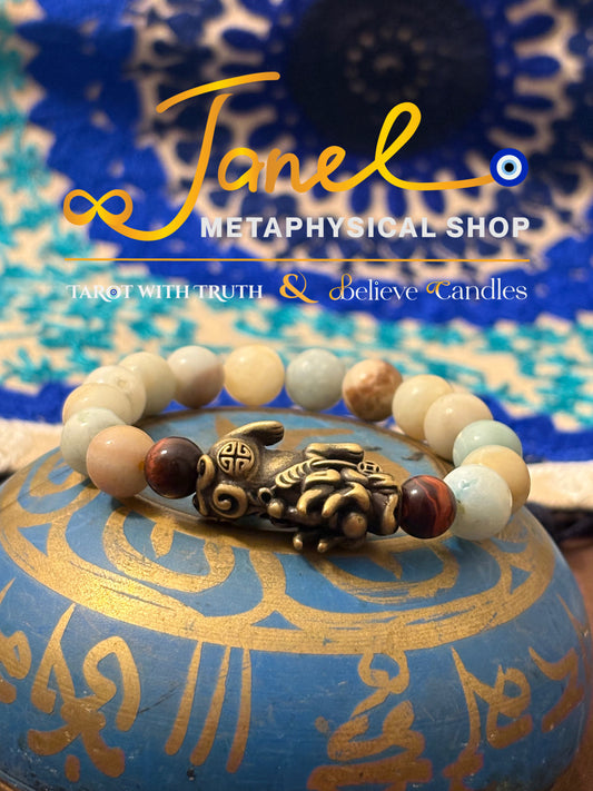RIVER AGATE BRACELET WITH PIXIU (DRAGON) & TIGER'S EYE