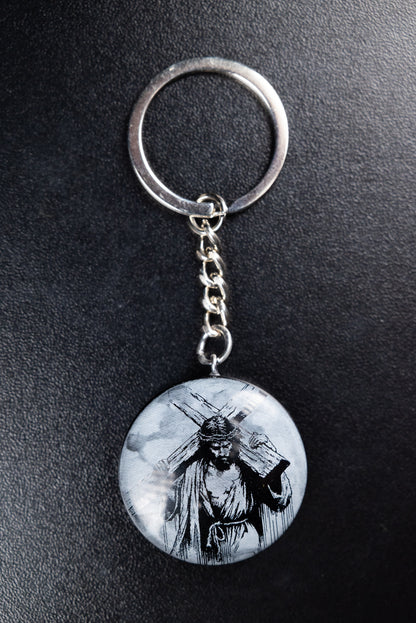 BLACK OBSIDIAN WITH JESUS CHRIST IMAGE KEYCHAIN