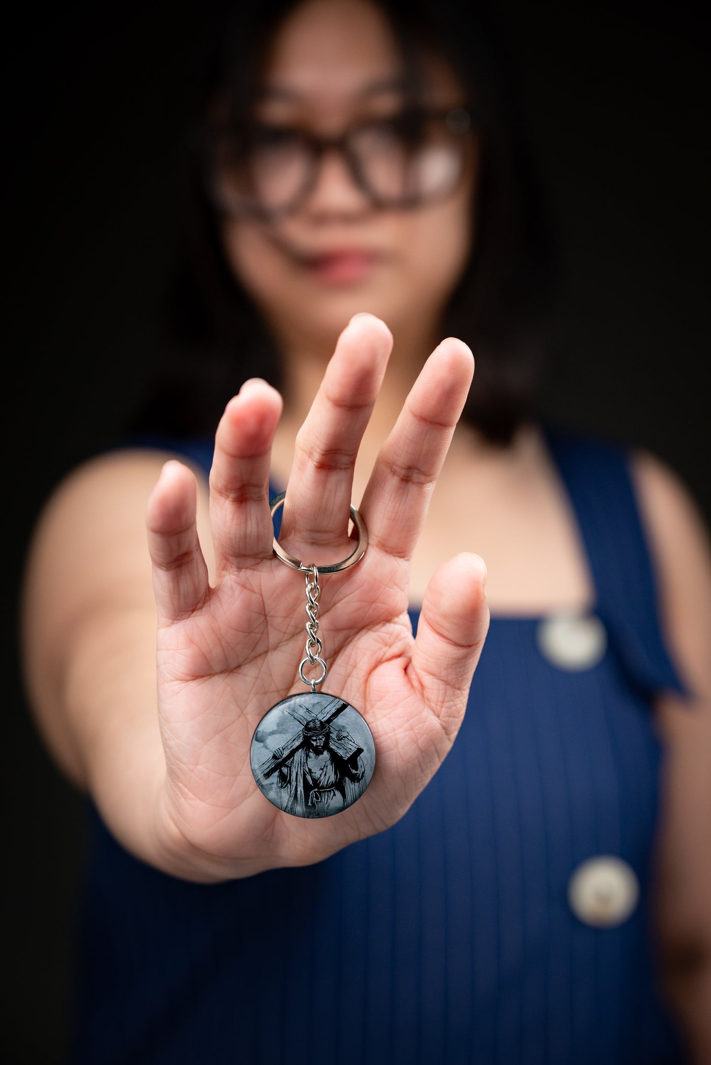 BLACK OBSIDIAN WITH JESUS CHRIST IMAGE KEYCHAIN