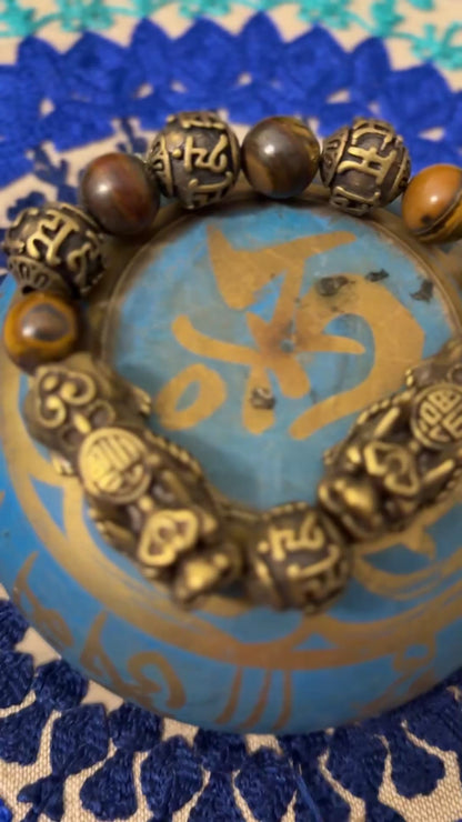 TIGER'S EYE & DOUBLE PIXIU (DRAGON) BRACELET